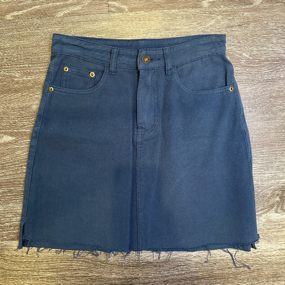Navy Blue Denim Skirt with Frayed Hem